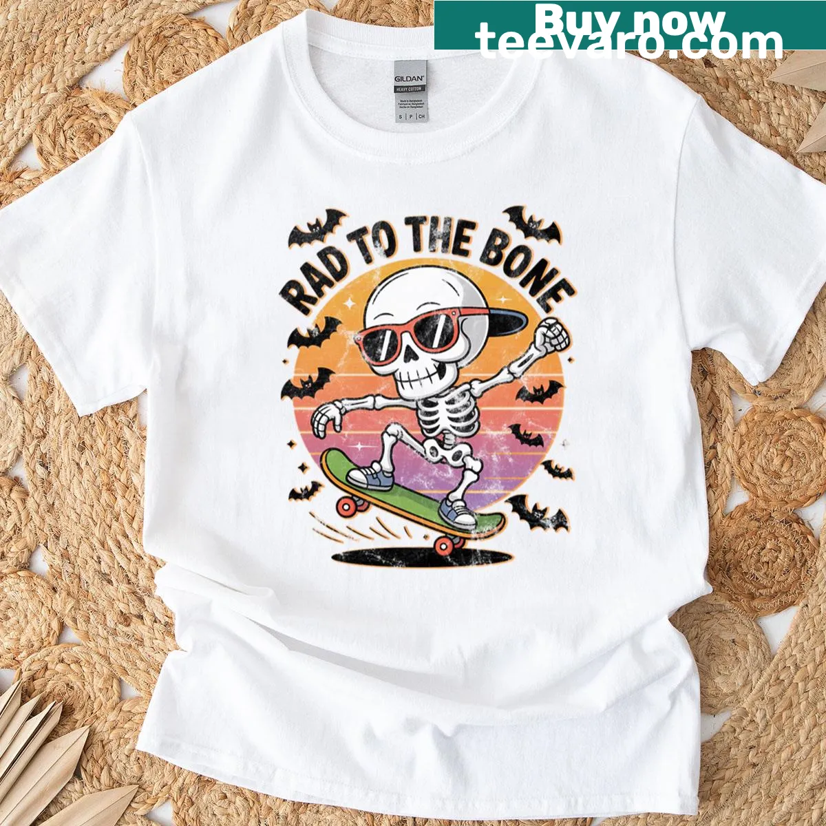 Skeleton skateboarding with text 'Rad To The Bone' on a t-shirt — on a men's t-shirt