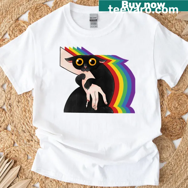 Funny black cat illustration biting a rainbow on a t-shirt