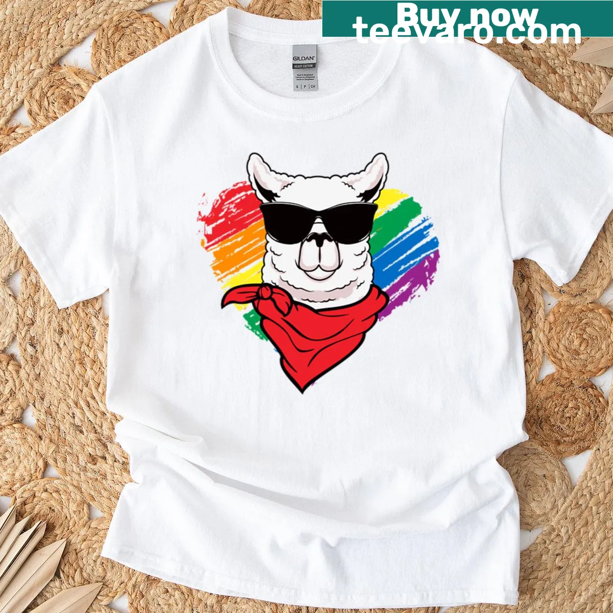 Cute llama with a rainbow heart graphic T-shirt — on a men's t-shirt