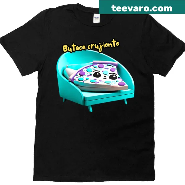 Illustrated t-shirt featuring a cartoon pizza slice relaxing on a couch