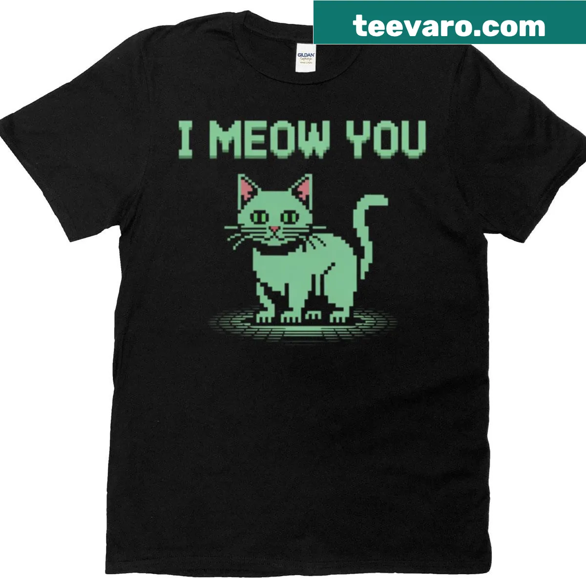 Retro pixel art cat with 'I Meow You' text on T-shirt — on a men's t-shirt