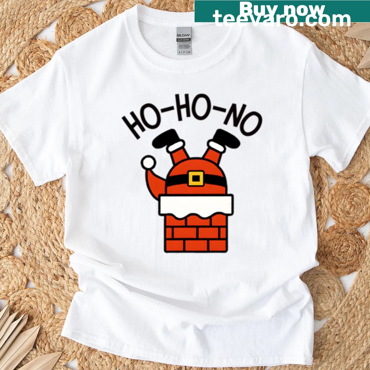 Minimalist illustration of Santa stuck in a chimney on a t-shirt — on a men's t-shirt