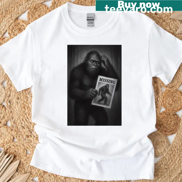 Vintage-style Sasquatch T-shirt with holding a missing poster