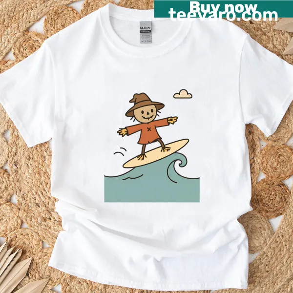 Illustration of a scarecrow surfing a wave