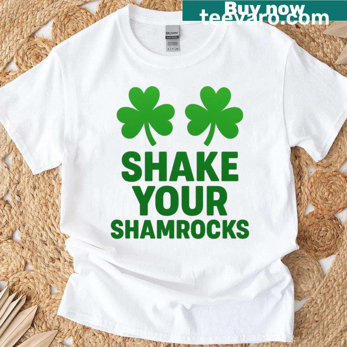 Illustration saying 'Shake Your Shamrocks' for St. Patrick's Day — on a men's t-shirt