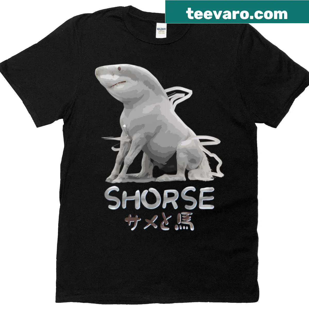 Kawaii style t-shirt featuring a funny shark-horse hybrid cartoon — on a men's t-shirt