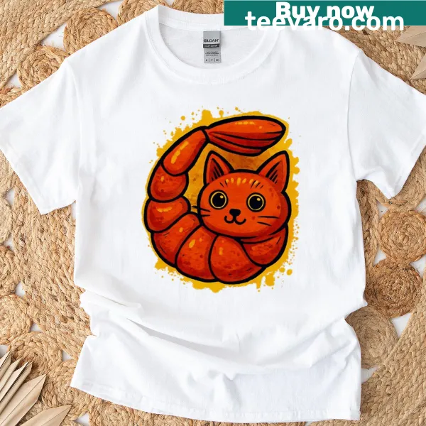 Whimsical illustration of a shrimp cat on a t-shirt