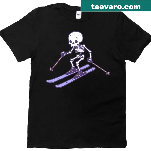 Playful illustration of a skeleton skiing down a slope