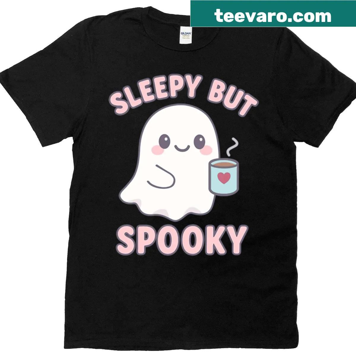 Sleepy ghost illustration on a spooky-themed t-shirt. — on a men's t-shirt