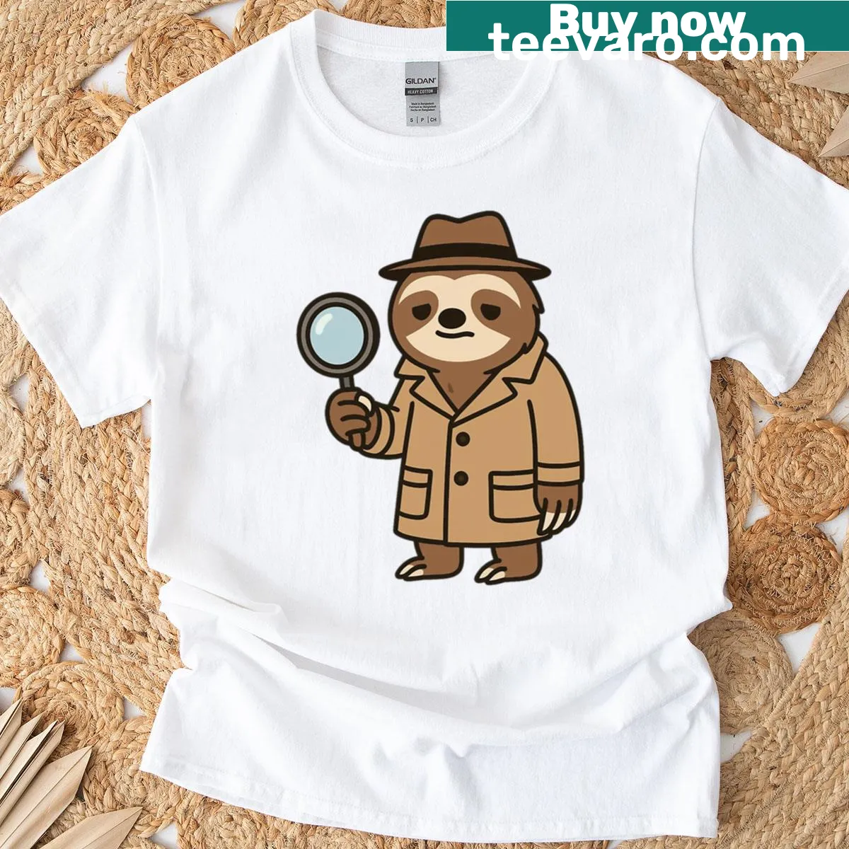 Whimsical graphic of a sloth detective with a magnifying glass — on a men's t-shirt