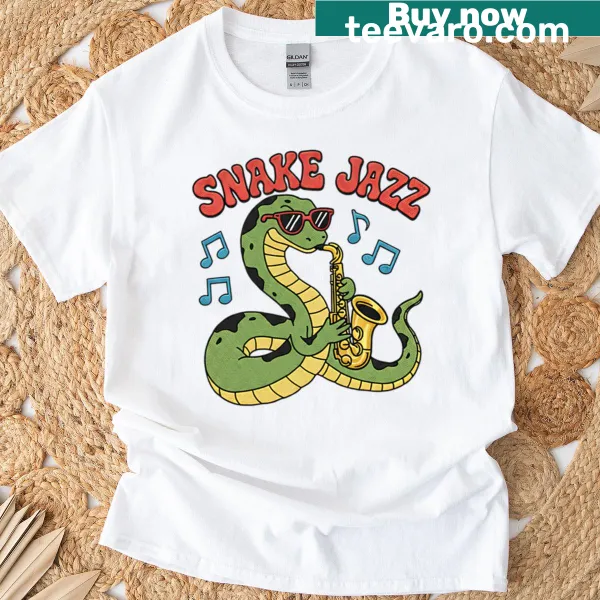 Cartoon t-shirt of a snake playing the saxophone