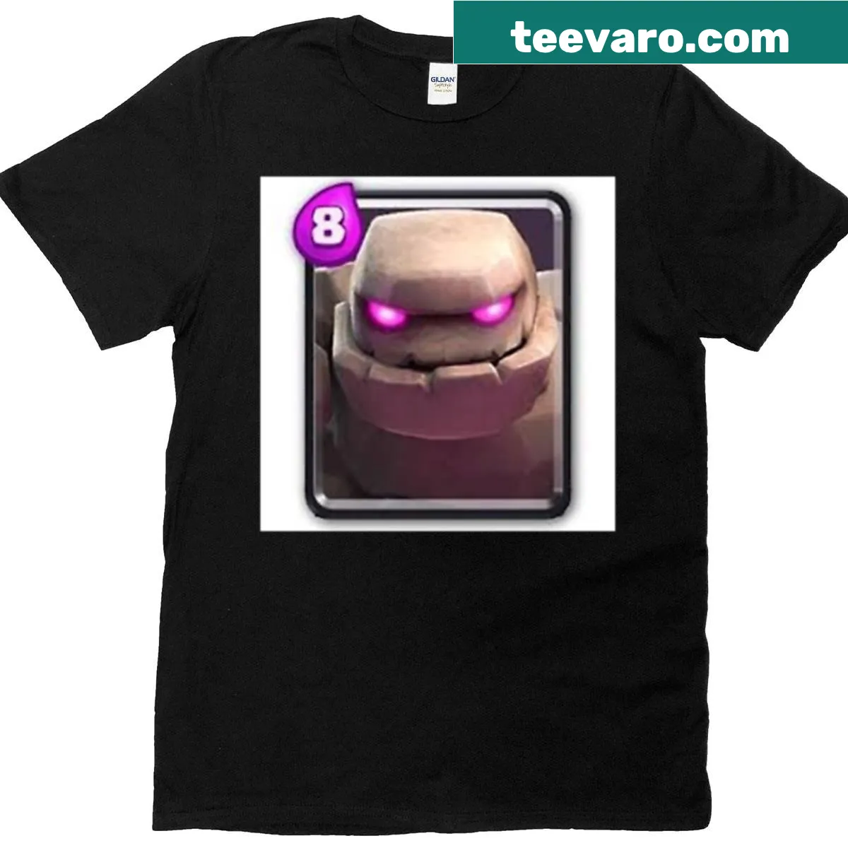 Cartoon golem from Clash Royale in a humorous oversized t-shirt design. — on a men's t-shirt