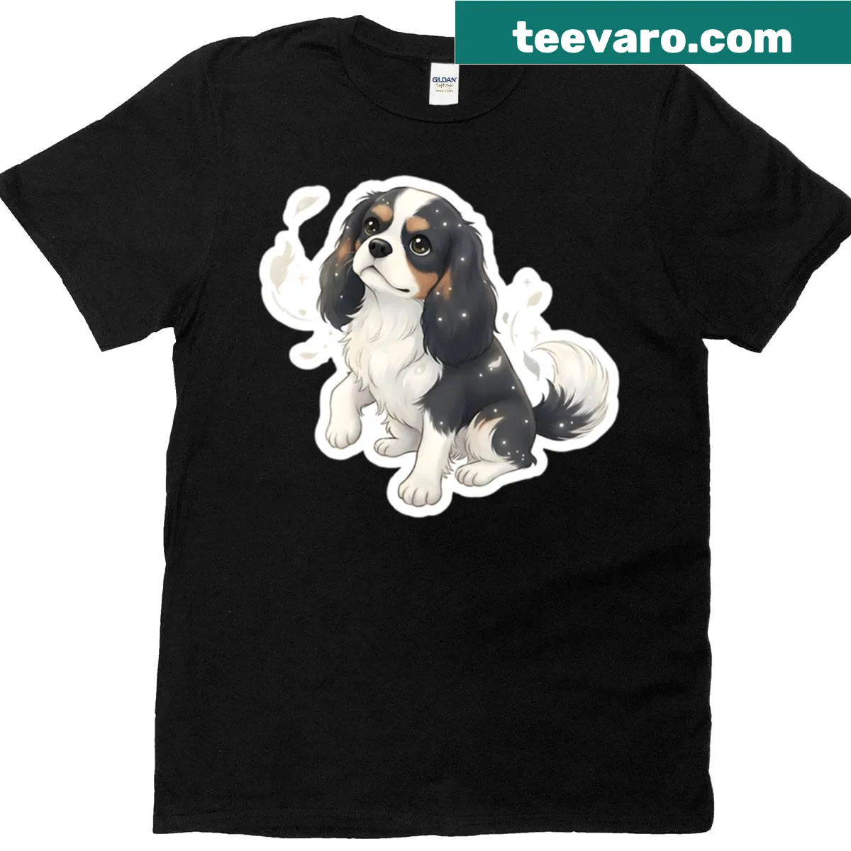 T-shirt featuring a sparkling Cavalier King Charles Spaniel illustration — on a men's t-shirt