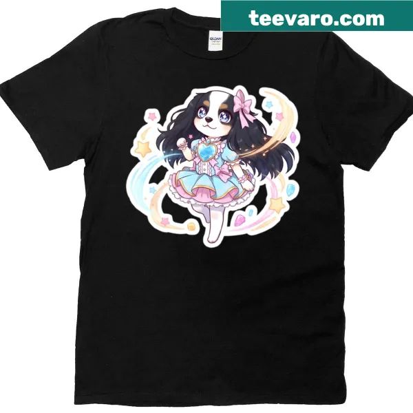 Kawaii Cavalier King Charles illustration on oversized t-shirt