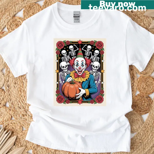 Cartoon clown with pumpkins and skeletons in a Halloween theme