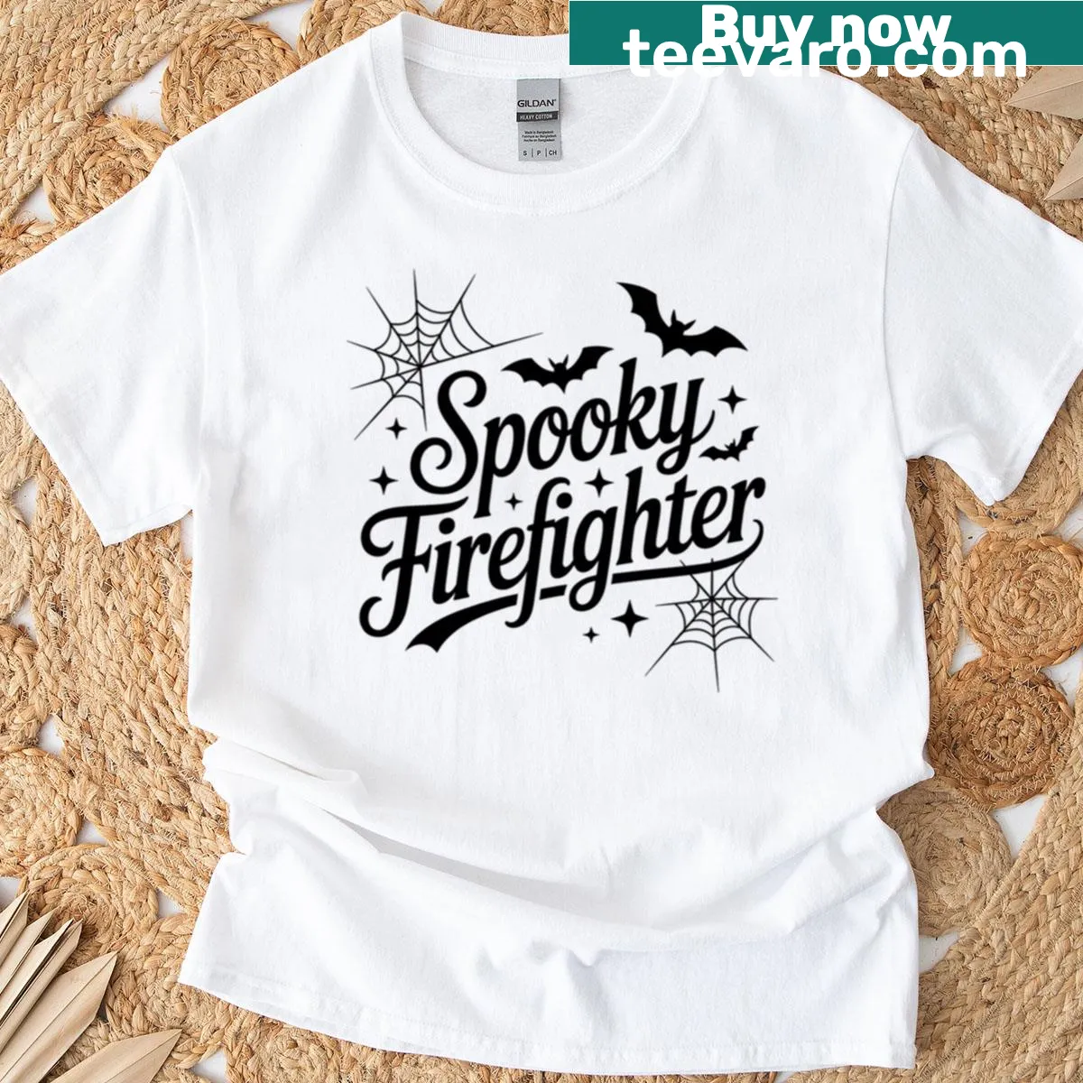 Funny Halloween firefighter graphic on oversized T-shirt — on a men's t-shirt