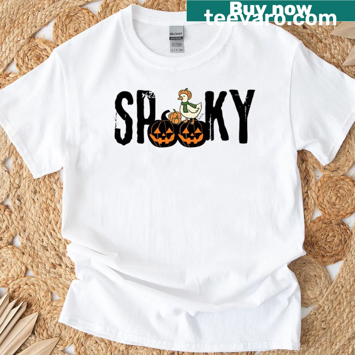 Cartoon graphic of a spooky goose with a pumpkin — on a men's t-shirt