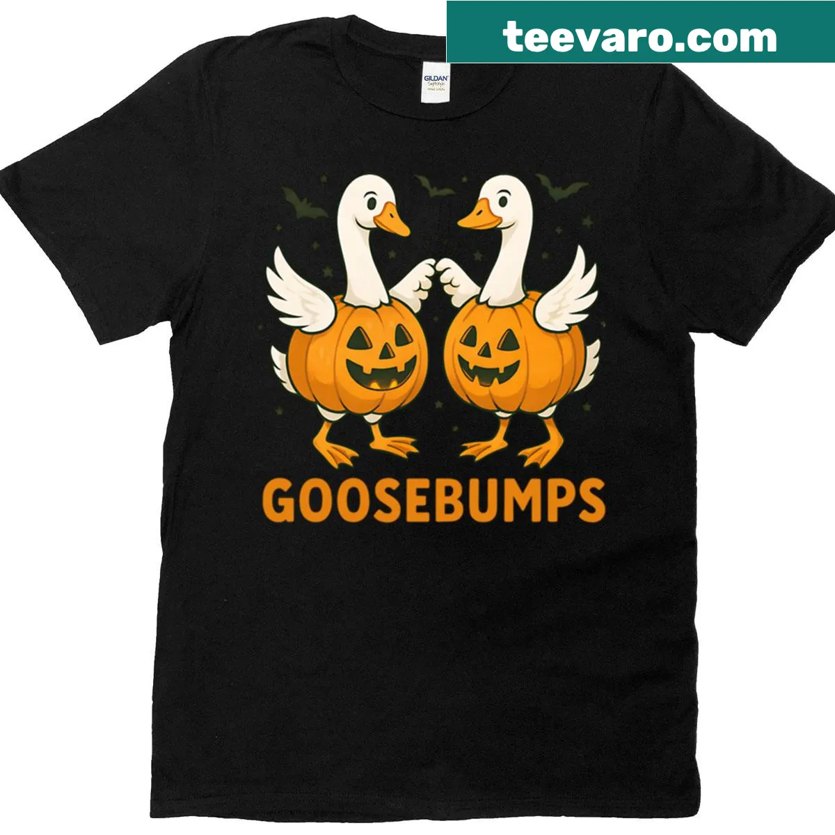 T-shirt with a whimsical graphic of a goose and pumpkins for Halloween — on a men's t-shirt