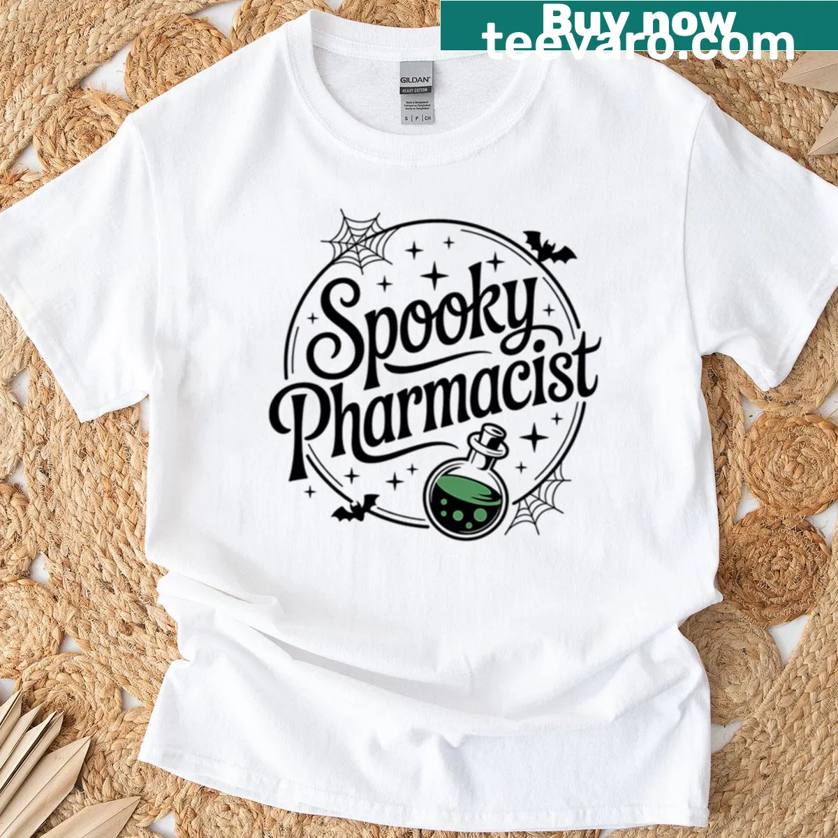 Funny Halloween-themed pharmacist T-shirt with cartoon design — on a men's t-shirt