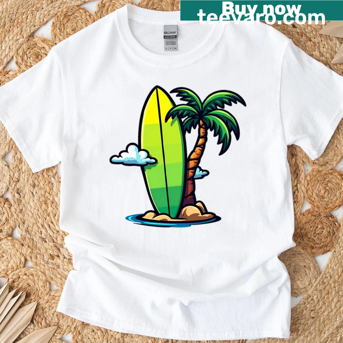 Cheerful summer t-shirt featuring a surfboard under the sun — on a men's t-shirt