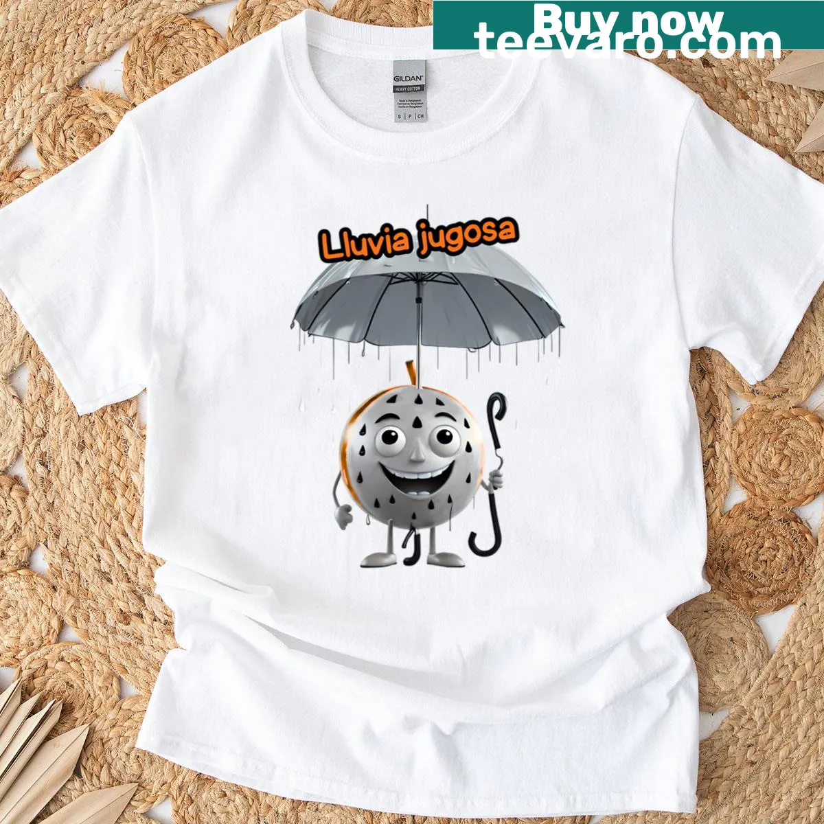 Whimsical fruit graphic preferring an umbrella over a knife — on a men's t-shirt
