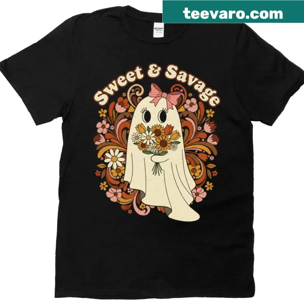 Vintage ghost design with flowers on a boxy T-shirt