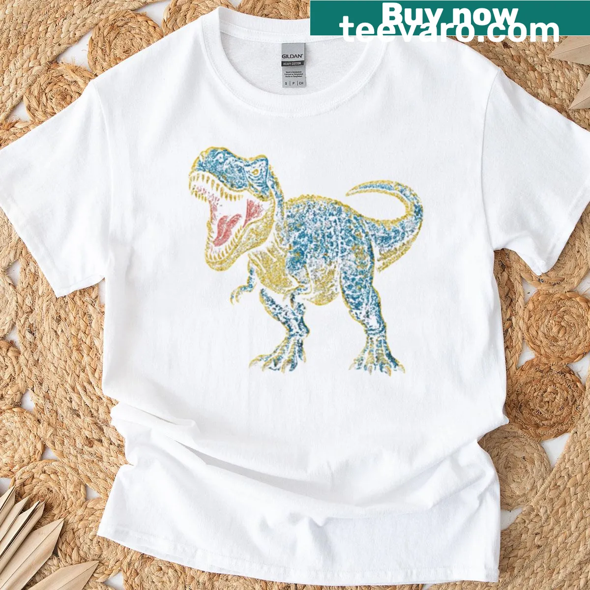 Grunge-style T-shirt featuring a fierce T-rex graphic — on a men's t-shirt