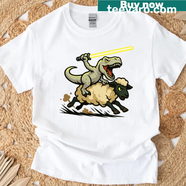 T-shirt depicting a T-rex riding a sheep with a light sword