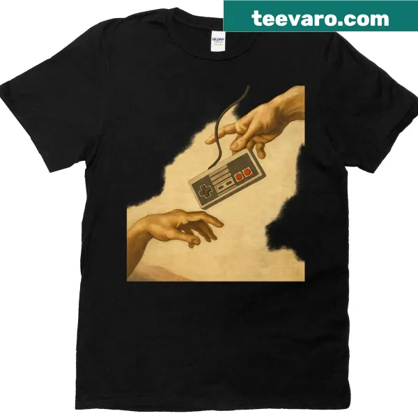 Oversized t-shirt with retro gaming controller art parody design.