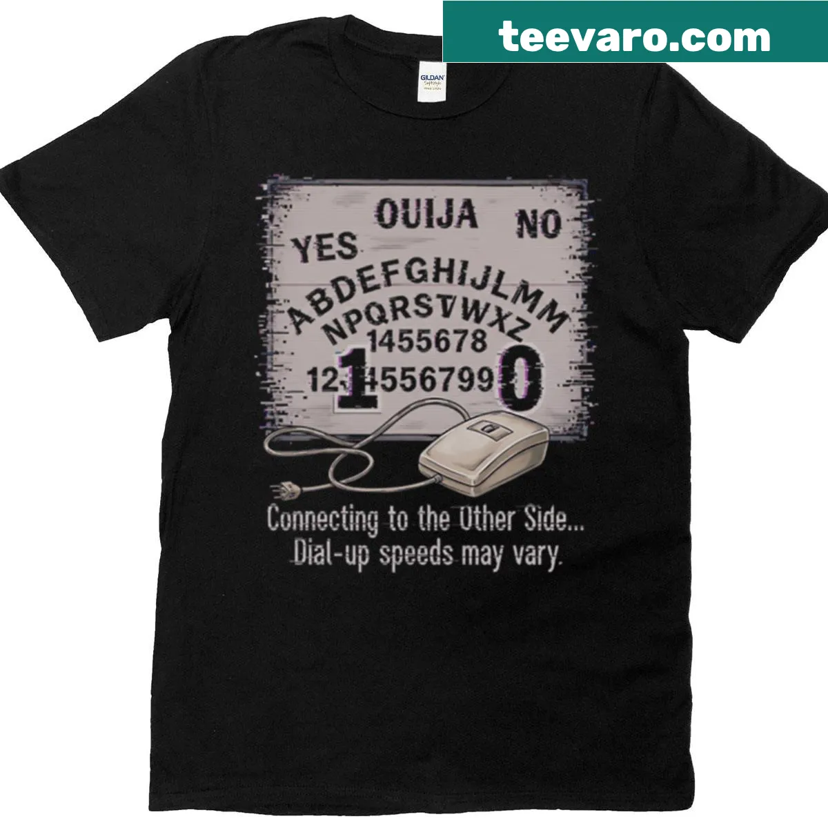 Nostalgic t-shirt featuring a dial-up connection and humorous text about contacting the other side — on a men's t-shirt