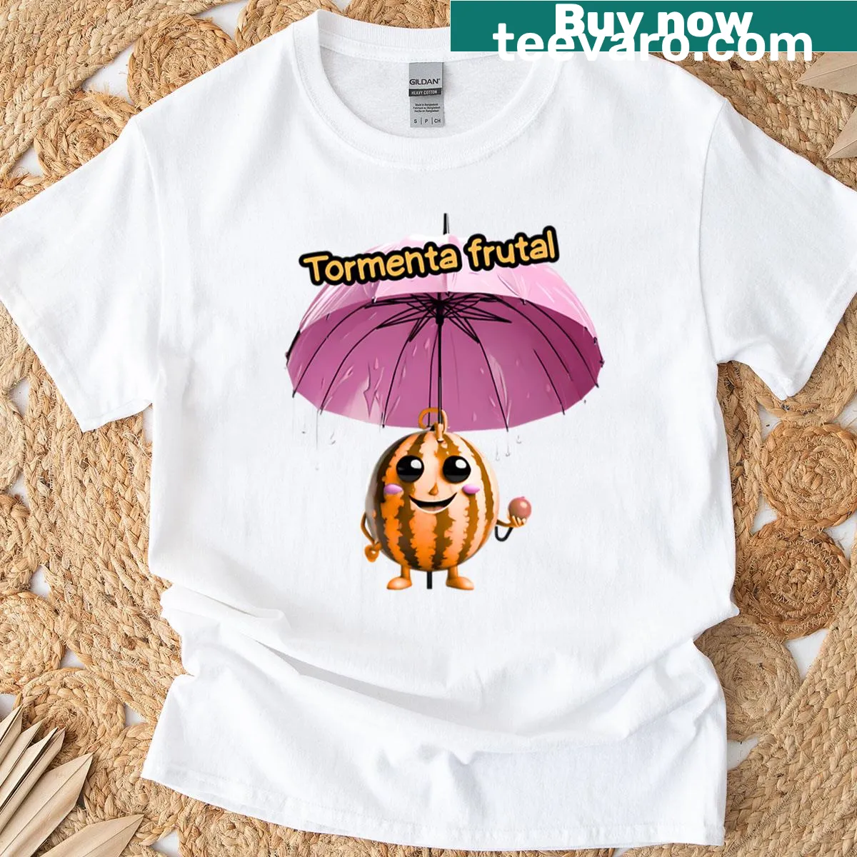 T-shirt featuring fresh fruit graphic under a rainy sky — on a men's t-shirt
