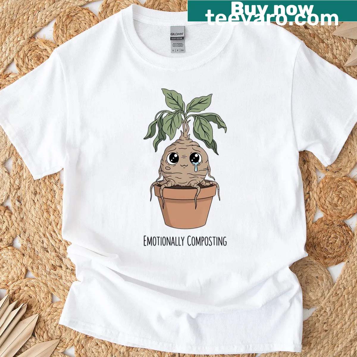 Illustration of a sad mandrake plant with a humorous twist — on a men's t-shirt