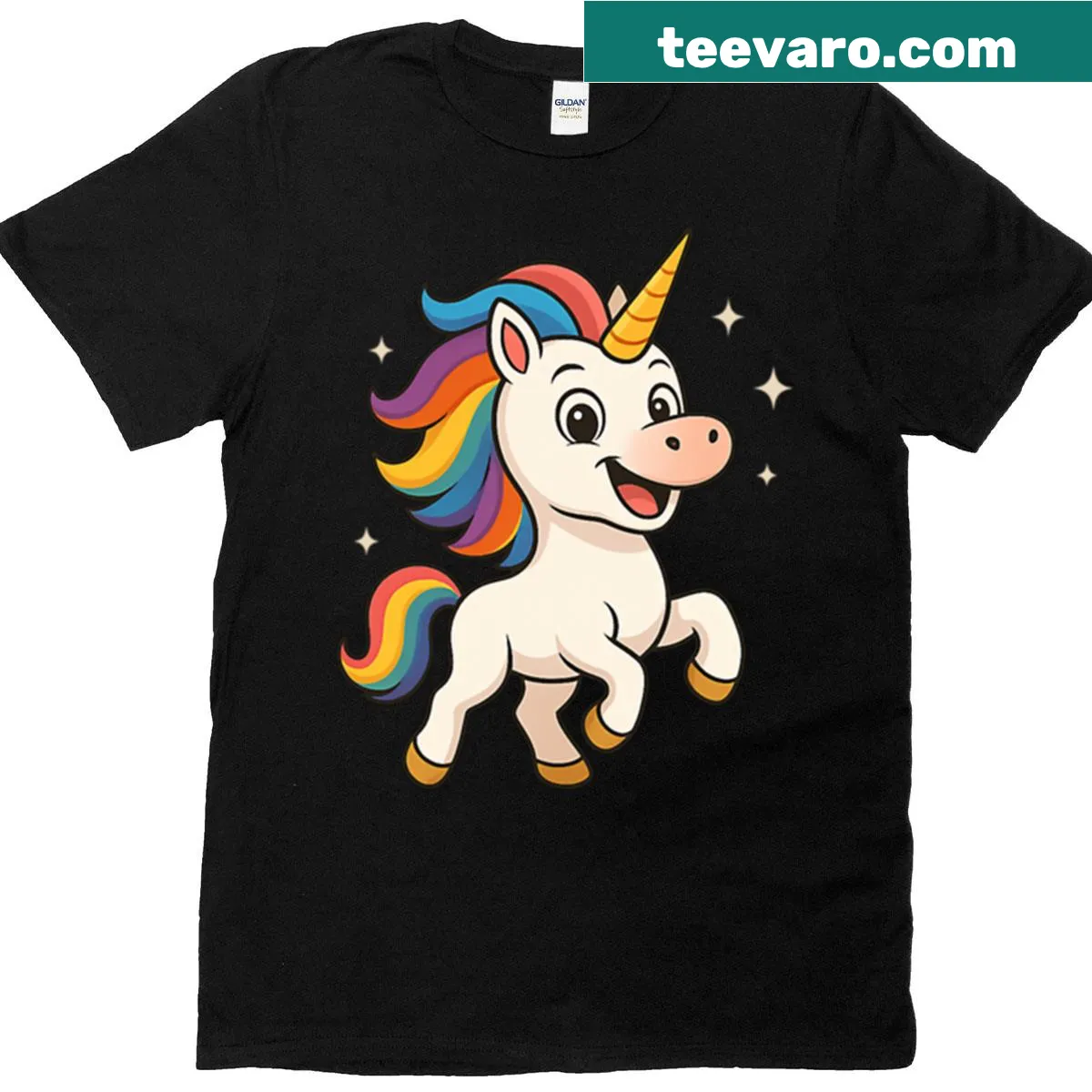 Oversized T-shirt featuring a giggling rainbow unicorn in cartoon style — on a men's t-shirt