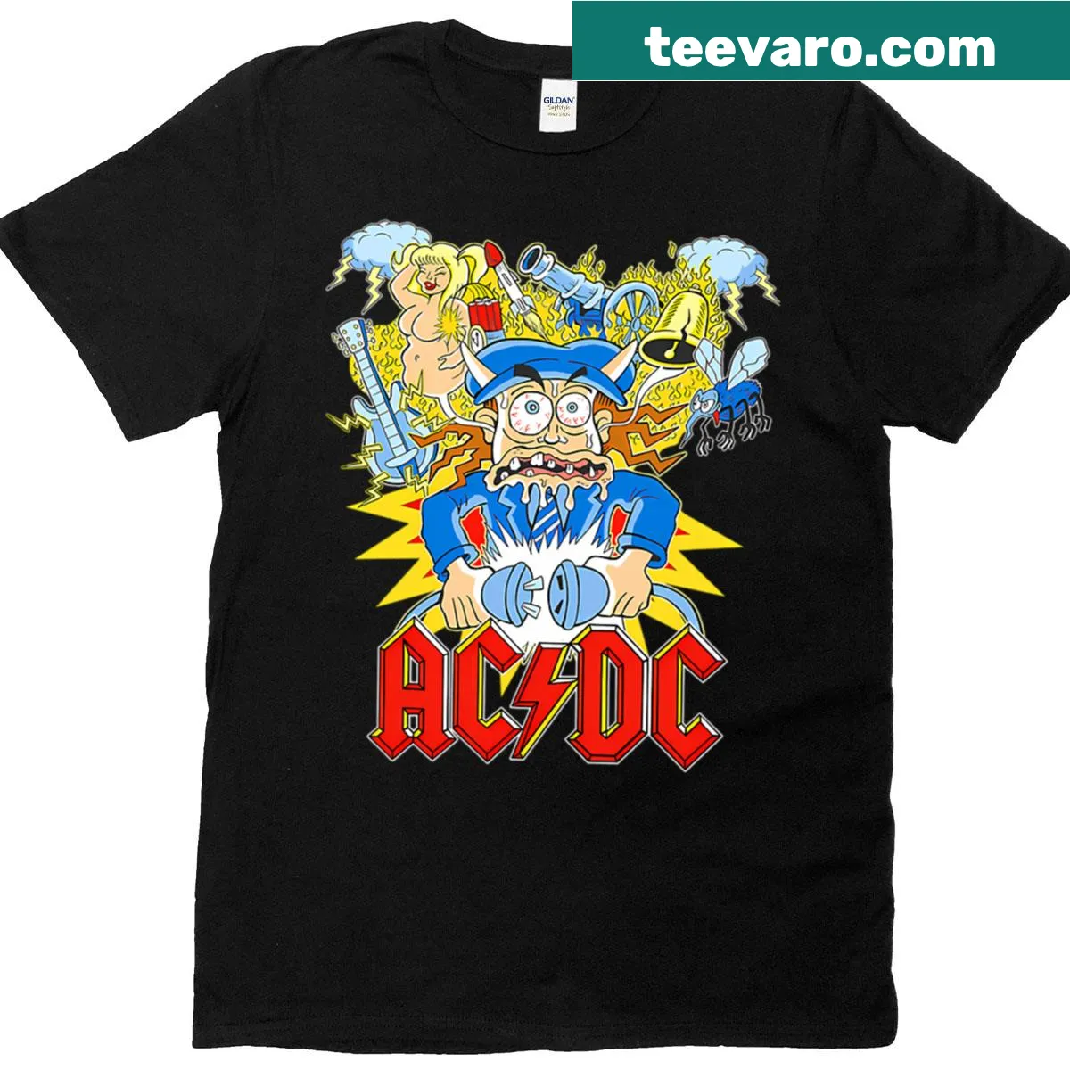 Oversized T-shirt featuring a playful cartoon rock band design — on a men's t-shirt