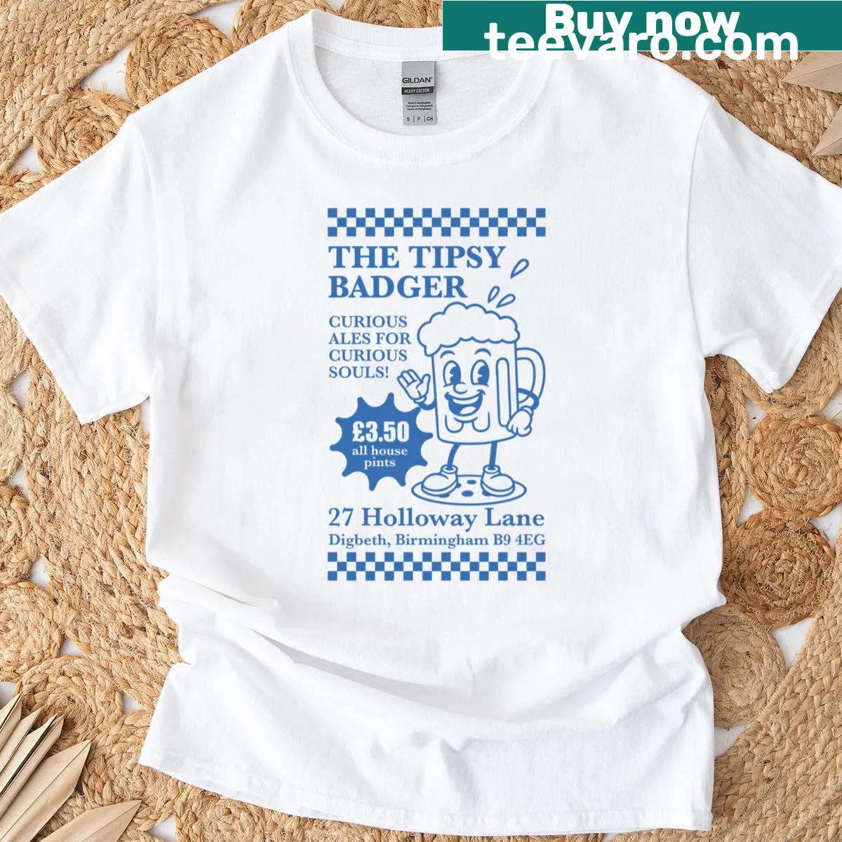 Cartoon T-shirt featuring a funny tipsy badger mascot — on a men's t-shirt
