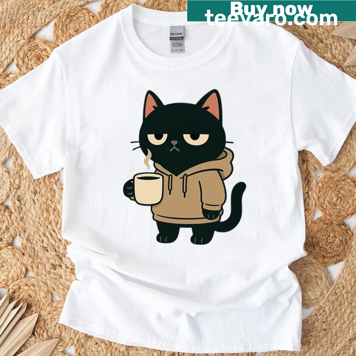 Whimsical graphic of a sleepy cat with a coffee cup and humorous text — on a men's t-shirt