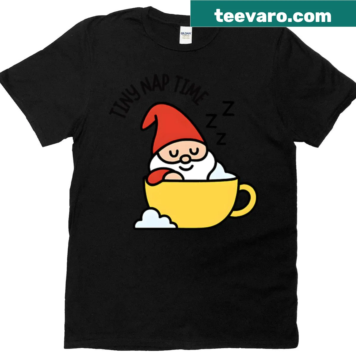 Minimalist illustration of a Tomte sleeping in a teacup — on a men's t-shirt