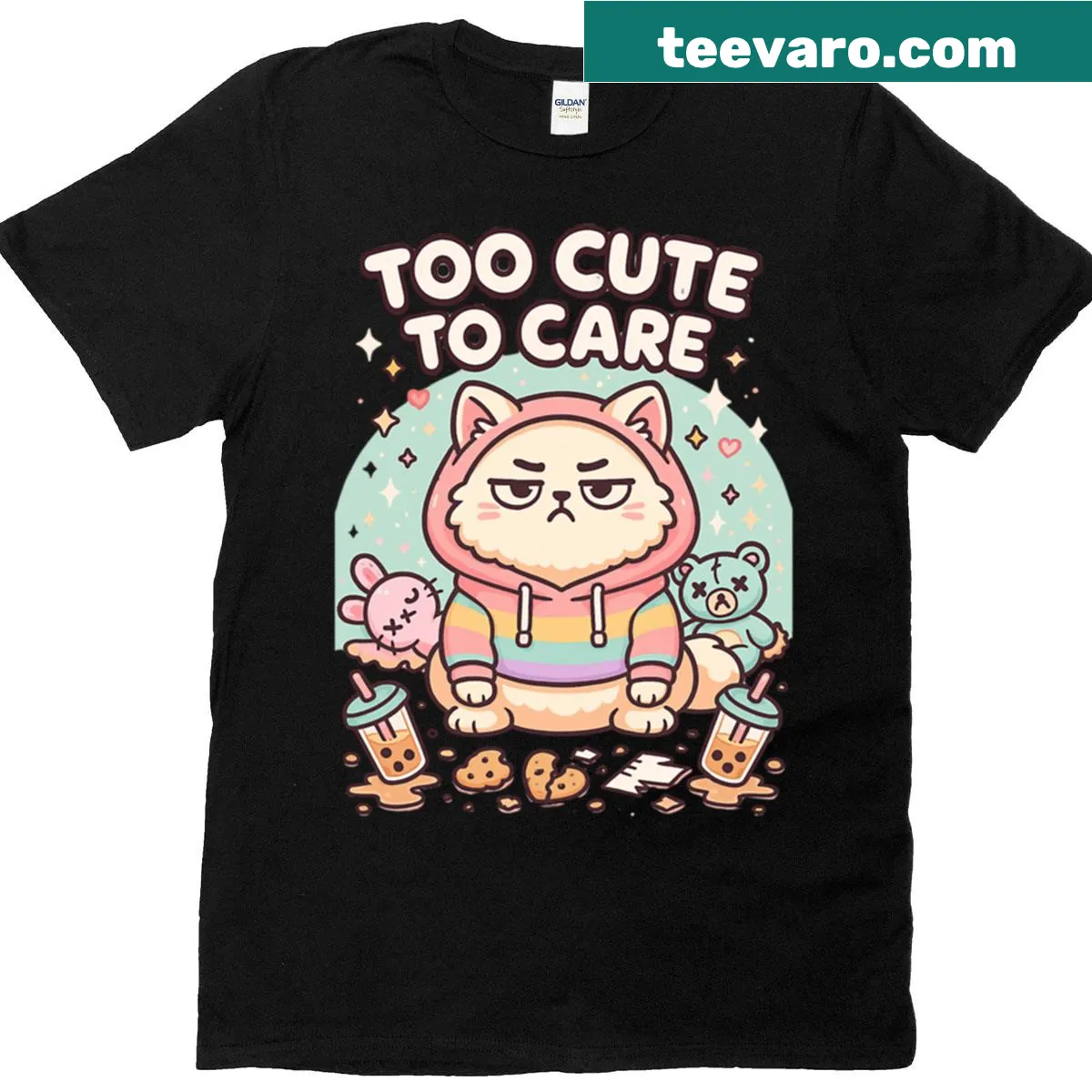 Cute sarcastic T-shirt with a cat design and the phrase 'Too Cute To Care' — on a men's t-shirt