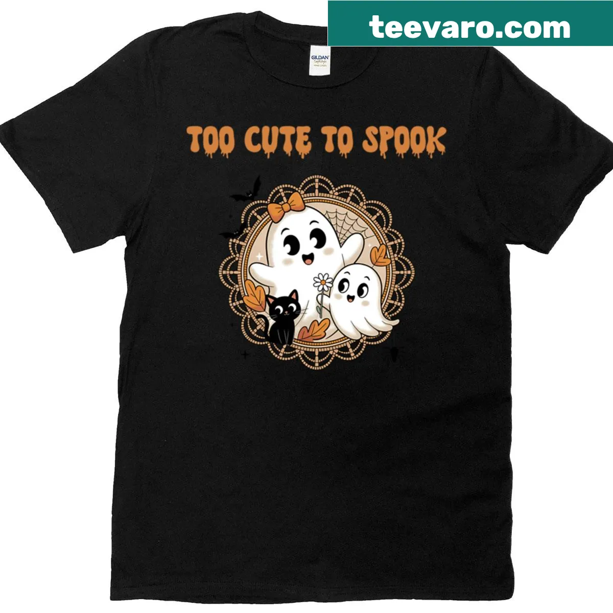 Cute Halloween T-shirt with 'Too Cute To Spook' design — on a men's t-shirt