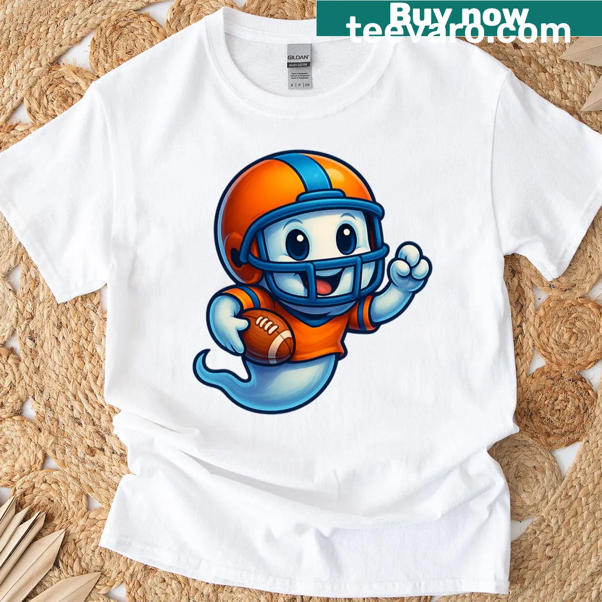 Adorable football T-shirt featuring a ghost celebrating a touchdown. — on a men's t-shirt
