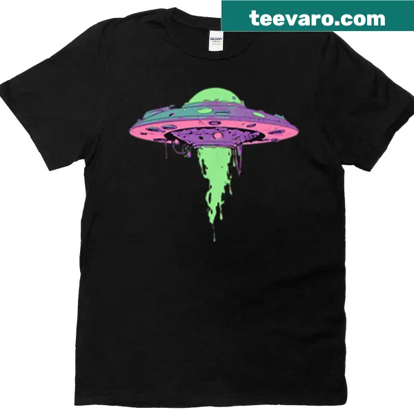 T-shirt featuring a UFO design dripping green goo
