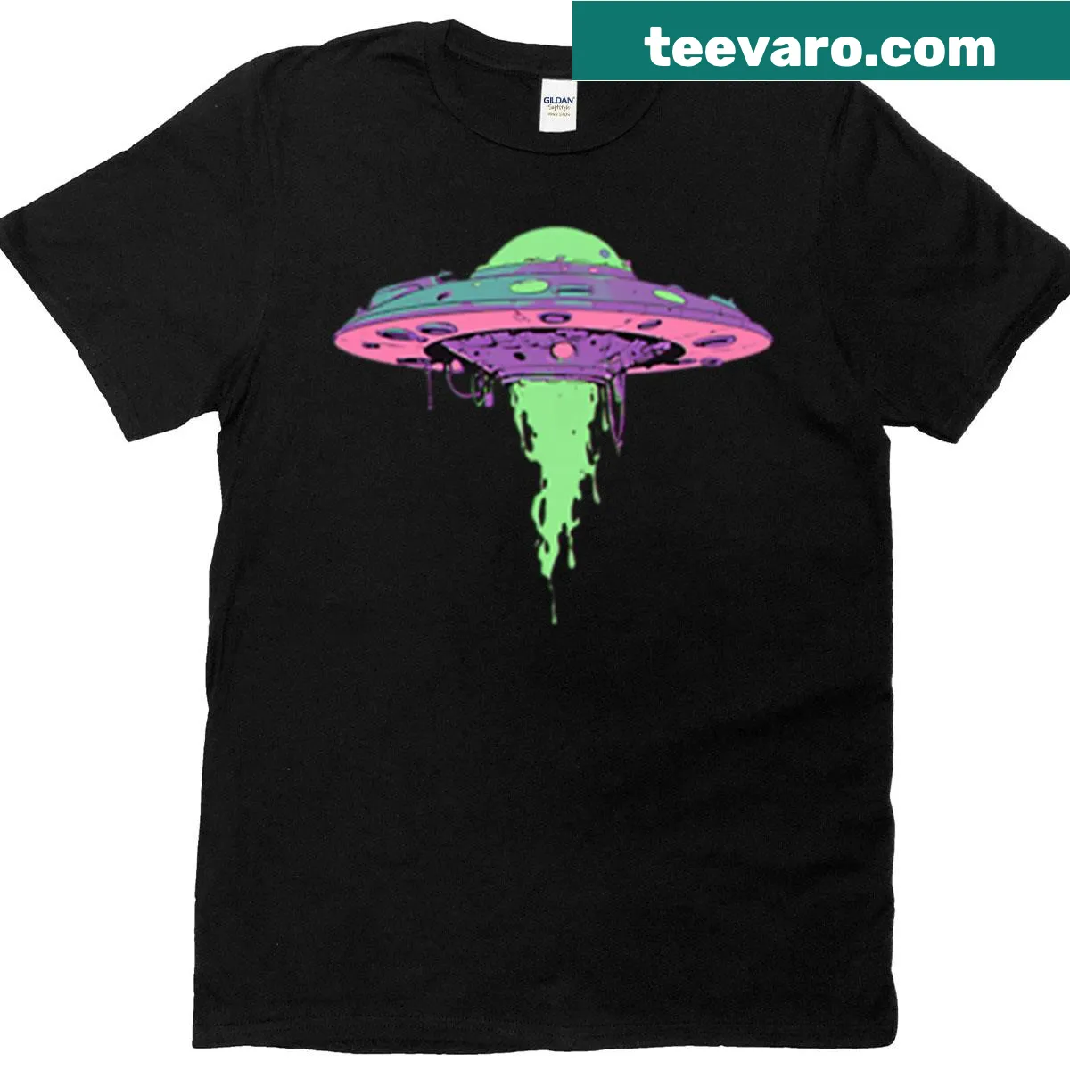 T-shirt featuring a UFO design dripping green goo — on a men's t-shirt