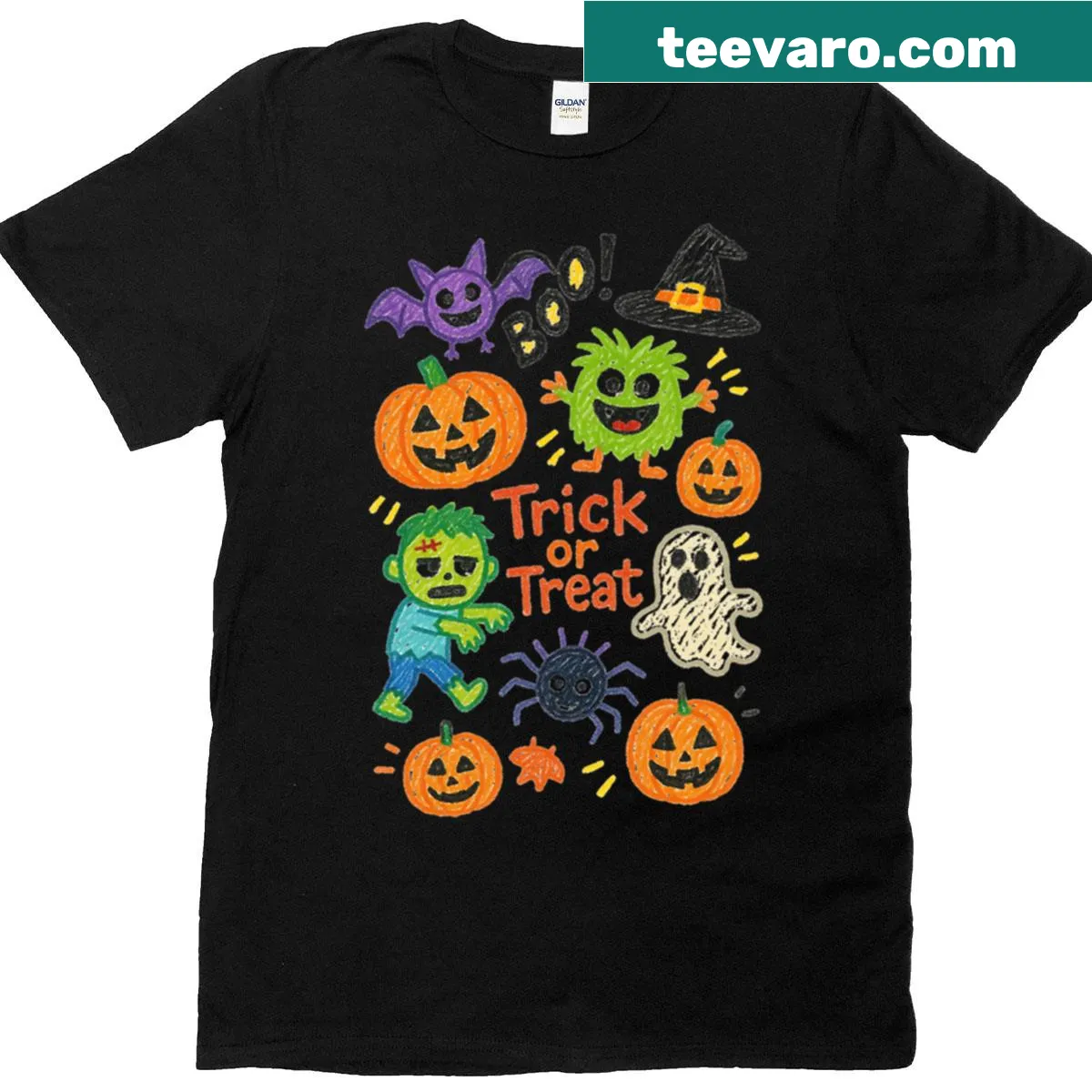 Playful doodle design representing Halloween trick-or-treating on T-shirt — on a men's t-shirt