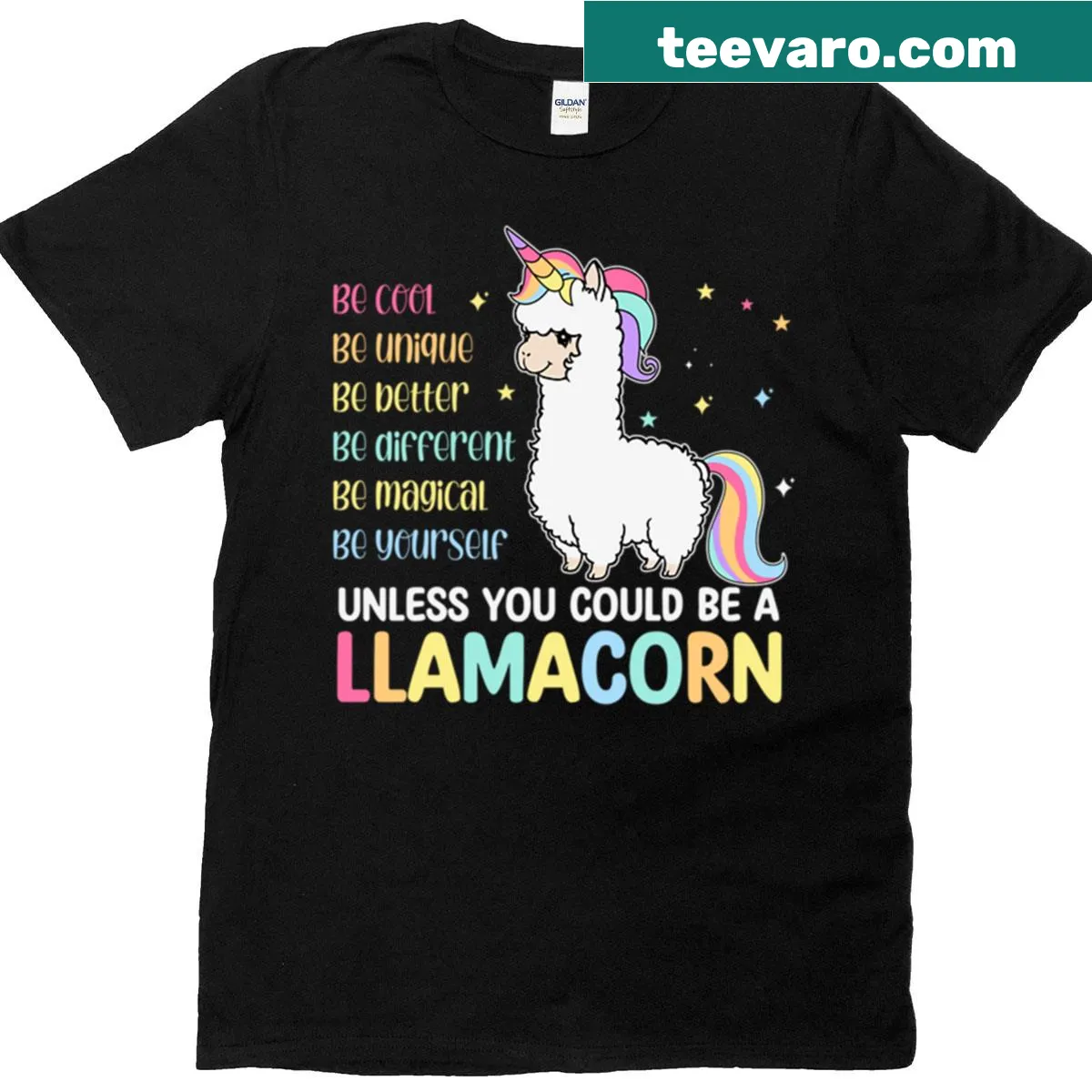 Cute cartoon llamacorn design with humorous text on T-shirt — on a men's t-shirt