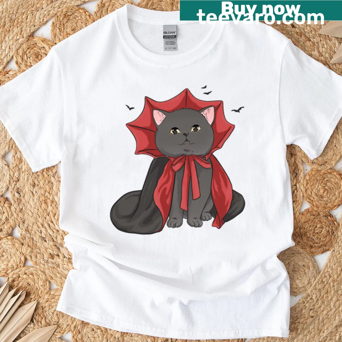 Illustration of a cat with vampire fangs on a T-shirt — on a men's t-shirt