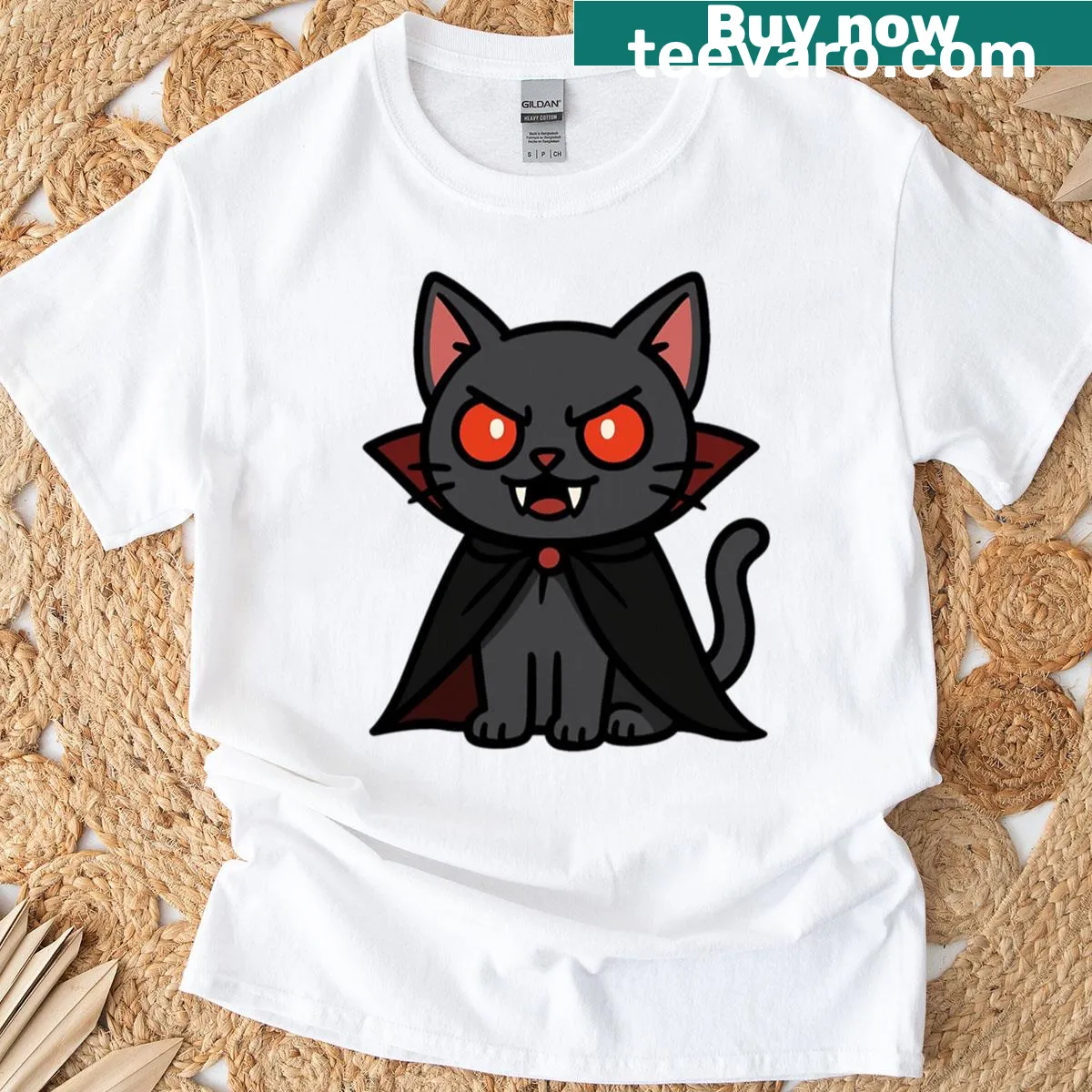 Cute cartoon graphic of a vampire cat with cape and fangs — on a men's t-shirt