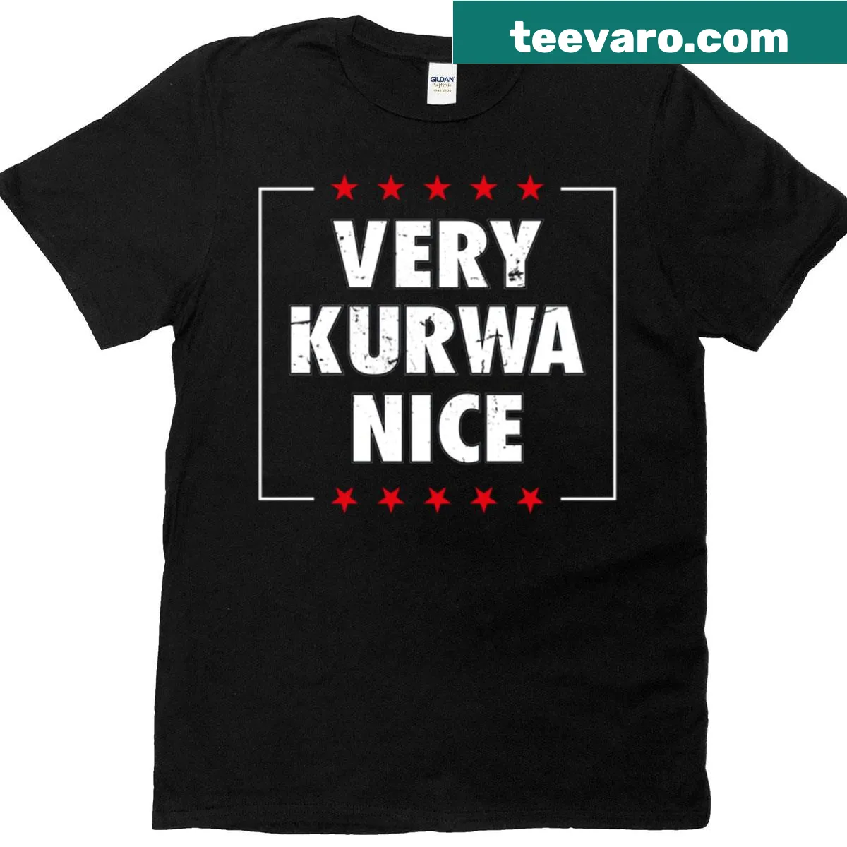 Humorous Polish pride t-shirt with the phrase 'Very Kurwa Nice' — on a men's t-shirt