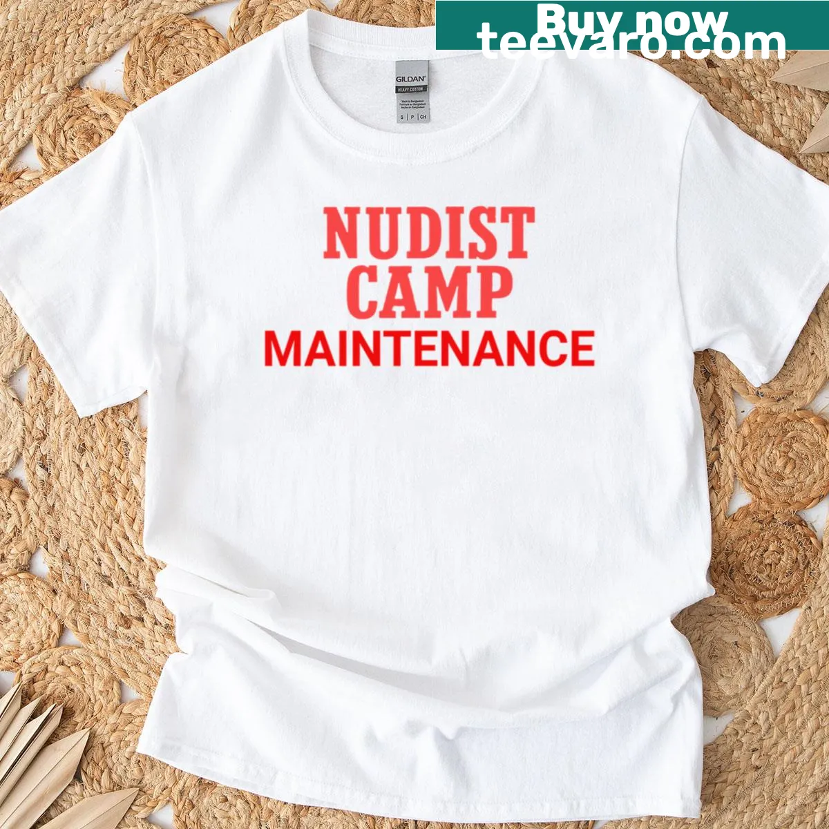 Vintage graphic of a nudist camp on a T-shirt — on a men's t-shirt