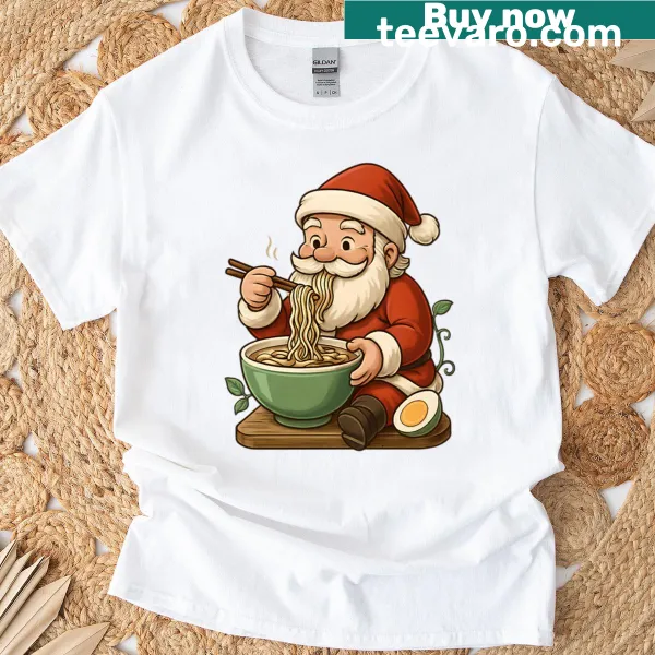 Vintage-style graphic of Santa Claus enjoying ramen