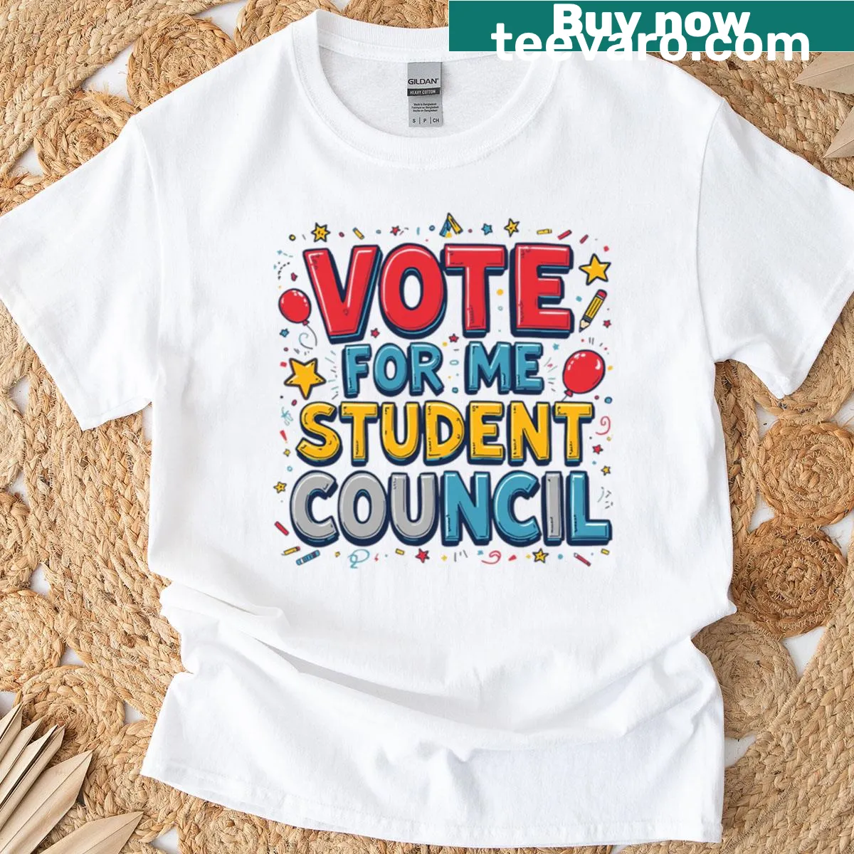 Student council t-shirt with bold 'Vote For Me' typography — on a men's t-shirt